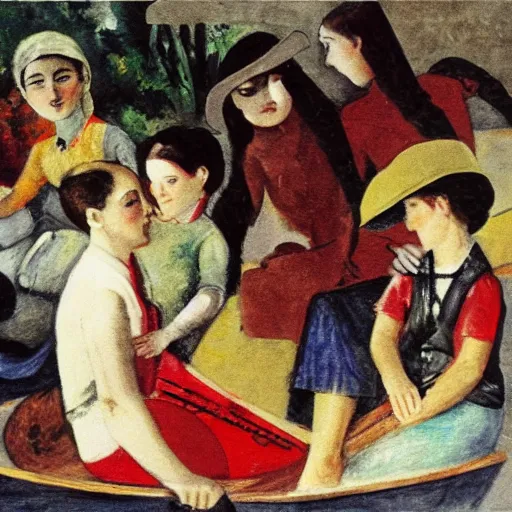 Image similar to rich details red by max weber. the collage of a group of well - dressed women & children enjoying a leisurely boat ride on a calm day. the women are chatting & laughing while the children play with a toy boat in the foreground.