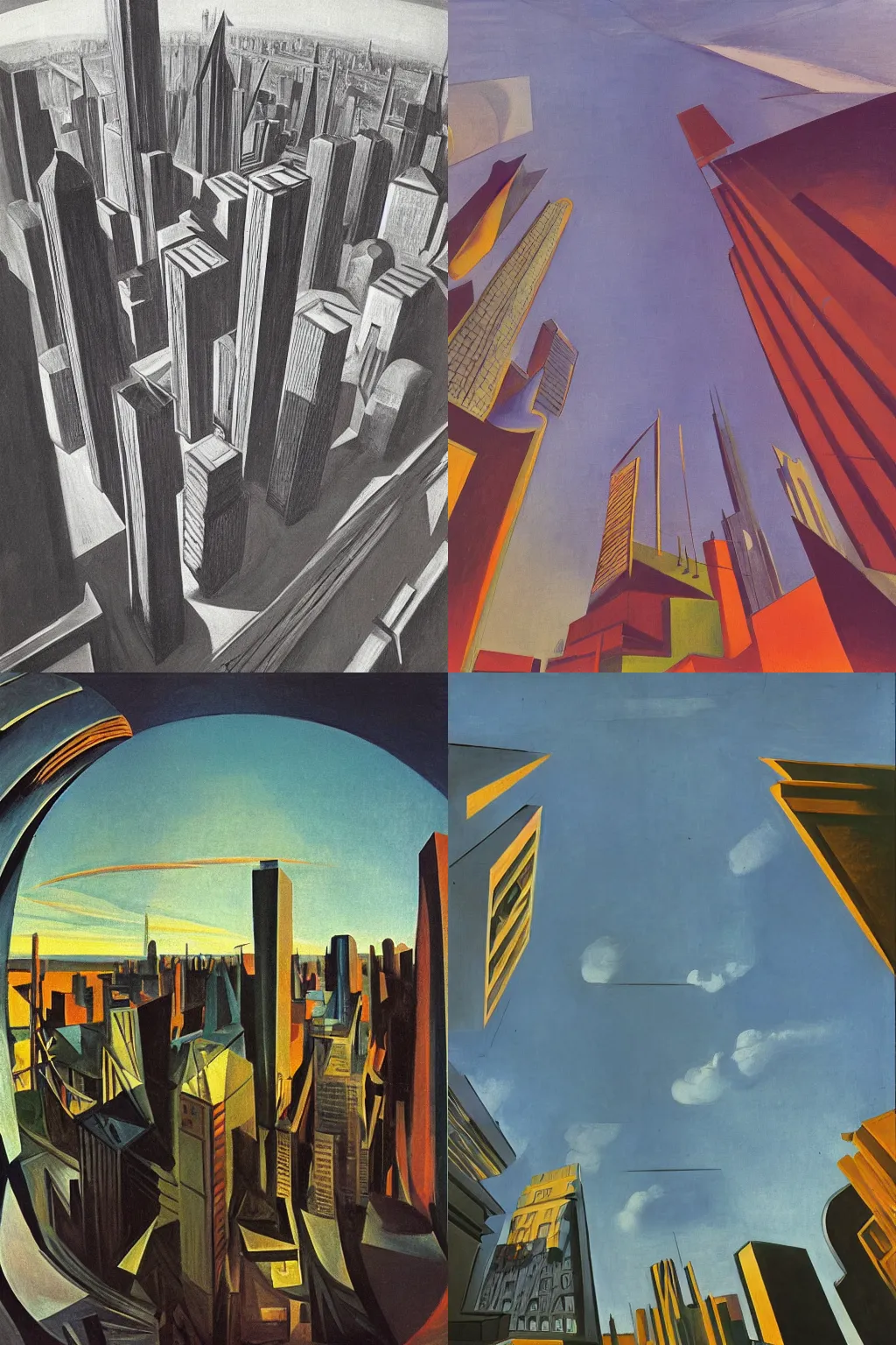 Prompt: mid century futurism, surrealist exaggerated city skyscrapers at sunset by Pablo Picasso and Edward Hopper, 1942, fisheye lens