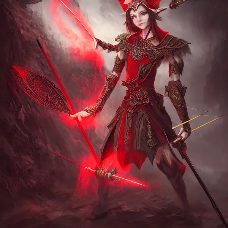 Prompt: A fantasy warrior elf having glowing red eyes, holding bow and arrow, intricate, elegant, portrait, gloomy background, sharp focus, concept art, art by tian zi