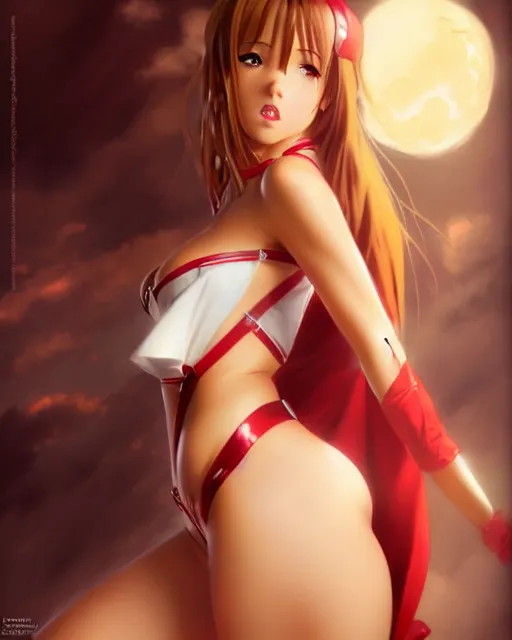 Image similar to pinup photo of asuna from sao, hot asuna by, by greg rutkowski, gil elvgren, glossy skin, pearlescent, anime, maxim magazine,