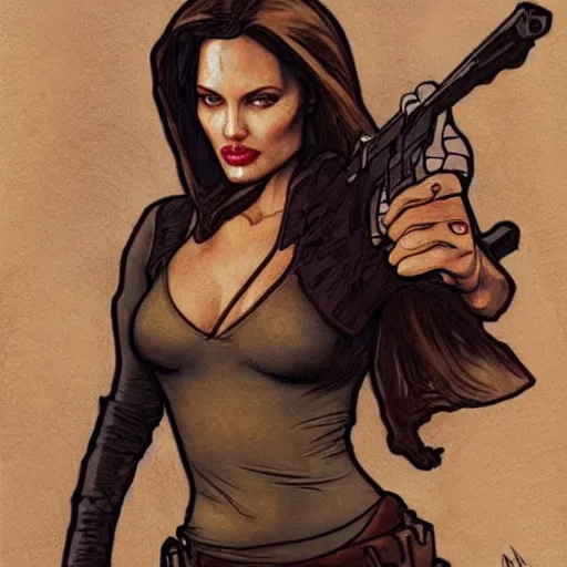 Image similar to angelina jolie as lara croft, mucha style,