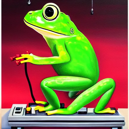 Prompt: a beautiful painting of singular frog playing in the synthesizer, trending on artstation