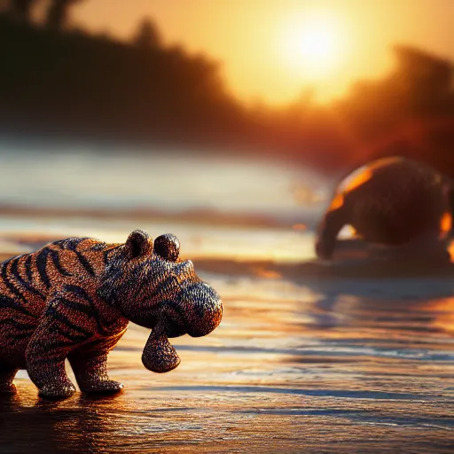 Prompt: a closeup photorealistic photograph of a cute smiling knitted tiger hippopotamus chasing a beachball during sunset. open mouth, surf in the background. professional capture. this 4 k hd image is trending on artstation, featured on behance, well - rendered, extra crisp, features intricate detail, epic composition and the style of unreal engine.