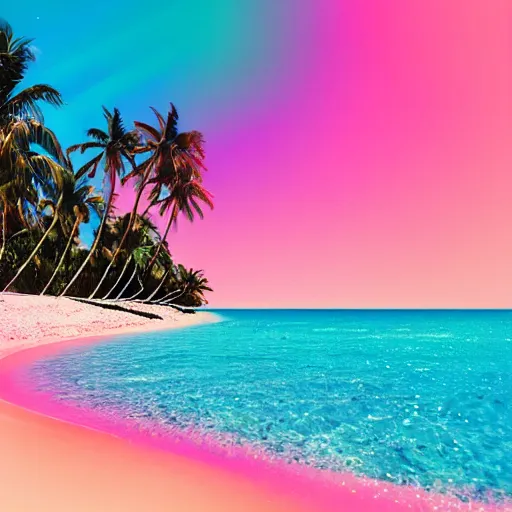 Image similar to synthwave pink beach with palm trees and neon water