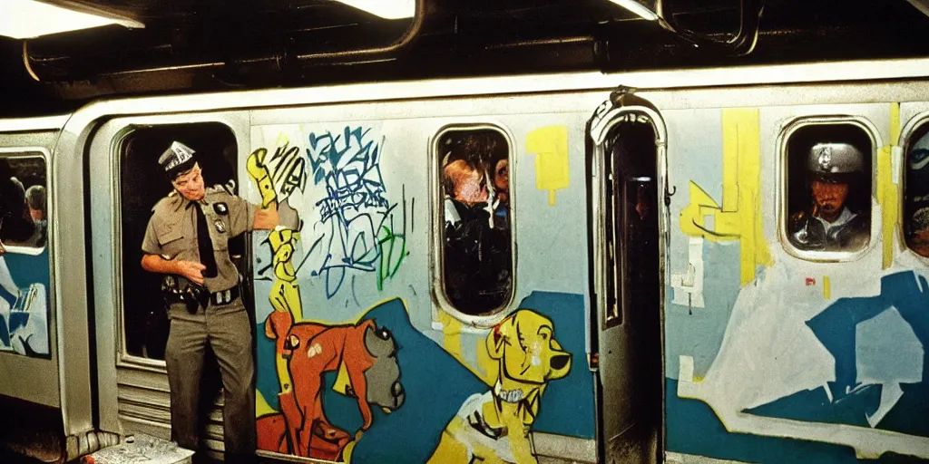 Image similar to new york subway cabin 1 9 8 0 s inside all in graffiti, 1 9 8 0 s policeman with the k - 9 dog, coloured film photography, christopher morris photography, bruce davidson photography