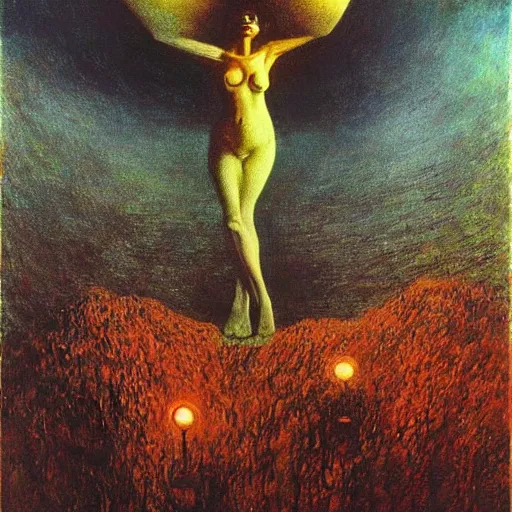 Image similar to Carmen sings beautifully, mesmerizing a crowd and shattering worlds- contest-winning artwork by Salvador Dali, Beksinski and Monet. Stunning lighting