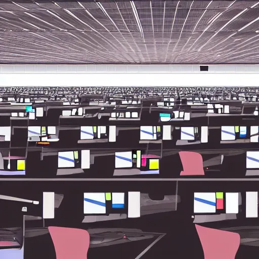 Prompt: digital artwork of lone person working in a huge room full of cubicles, the only light is coming from his desk