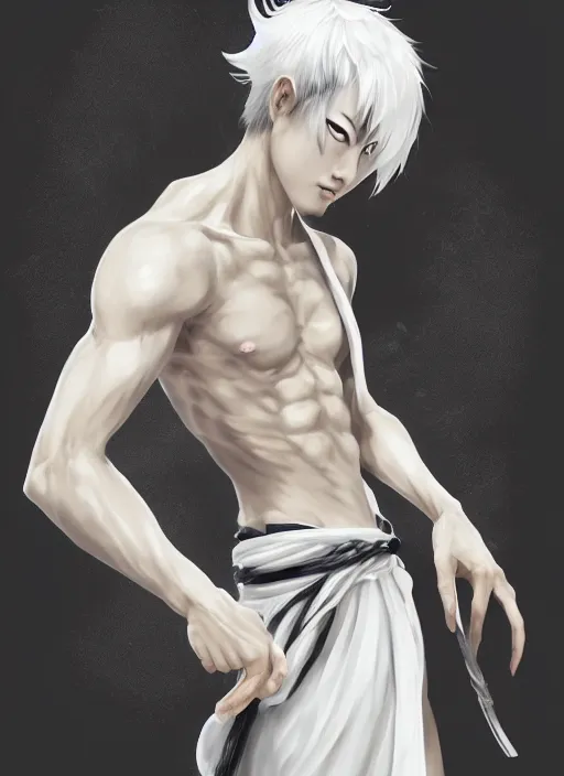 Image similar to a highly detailed illustration of fierce short white haired attractive young japanese man wearing white hakama, black sclera! eyes, dramatic serious pose, muscular, intricate, elegant, highly detailed, centered, digital painting, artstation, concept art, smooth, sharp focus, league of legends concept art, wlop