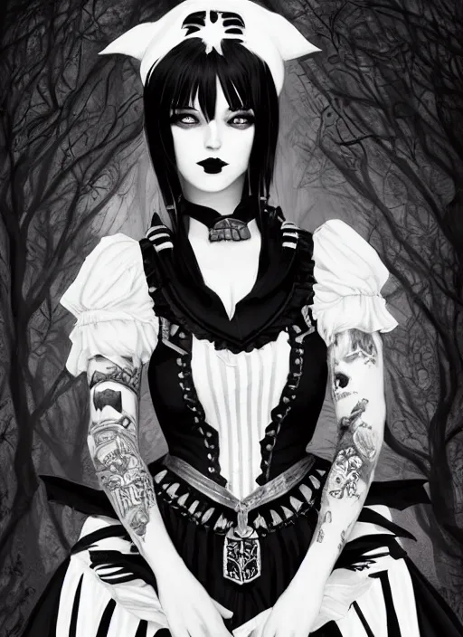 Prompt: old black and white photo with a beautiful portrait of a goth girl with piercings in a collar with a mohawk hairstyle in a medieval dress. witch, true goth, makeup. by ilya kuvshinov, rossdraws, artgerm, sola digital arts, anti aliasing, raytracing