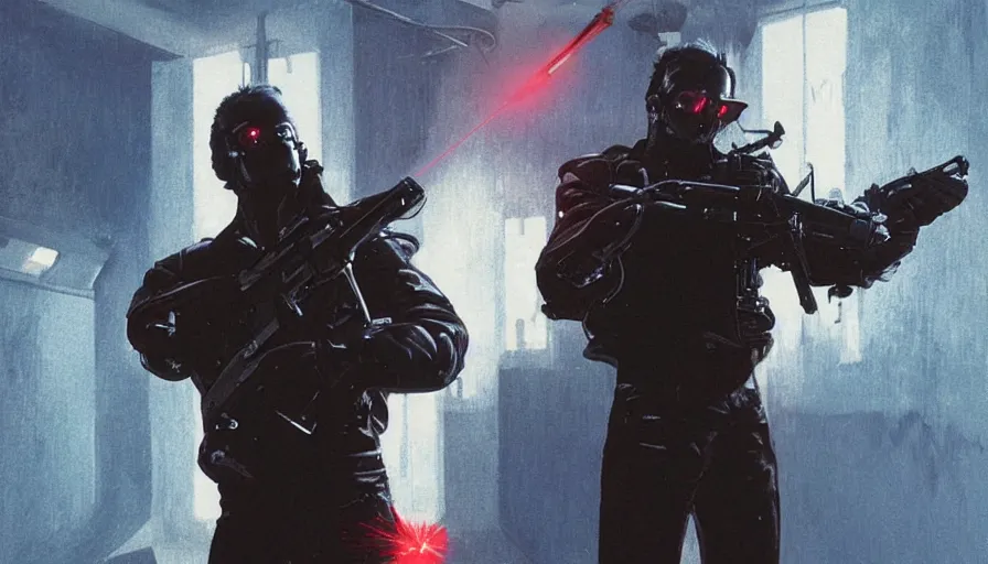 Prompt: The Terminator model 101 stands tall in club \'Tech Noir\' pointing an UZI 9mm sub machine gun at his targets forehead, The red laser sights can be seen through the dry ice. detailed, digital painting, artstation, concept art, illustration, smooth, sharp focus, art by artgerm and greg rutkowski and alphonse mucha