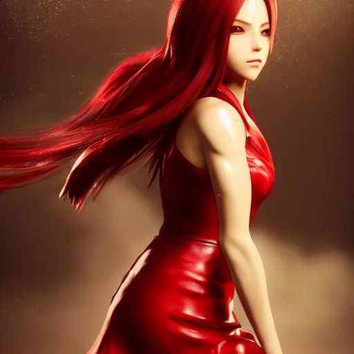 Image similar to epic scene of very attractive final fantasy vii female character, detail face, lovely eyes and detailed lips, with amazing detail red dress, feet in high heels, side view ) ( fighting ) hyper realistic 3 d render, art station, particles, epic scene, mucha, clouds, seductive jump pose, blur focus, action,