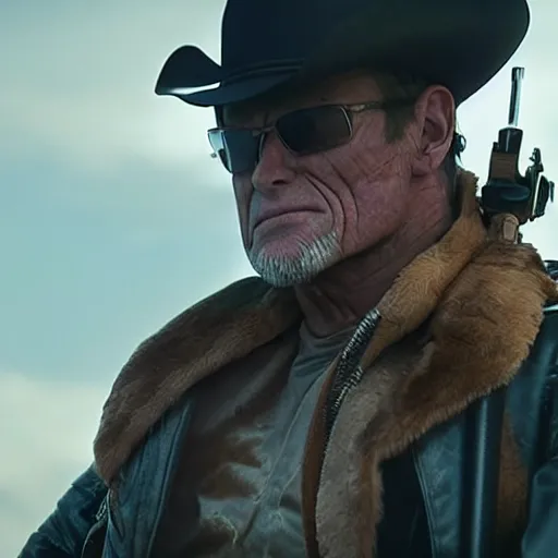 Image similar to a terminator android dressed as a cowboy while riding a bear, 8 k, movie still, high detail