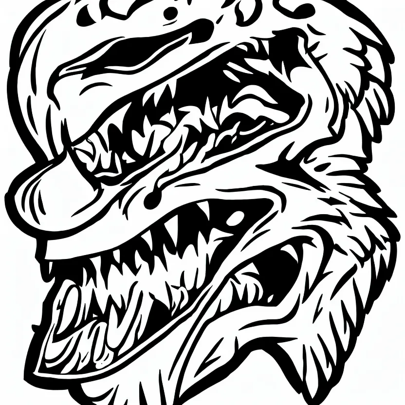 Prompt: rough sketch of a hockey player w a velociraptor skull head sports logo, black and white, pen drawing