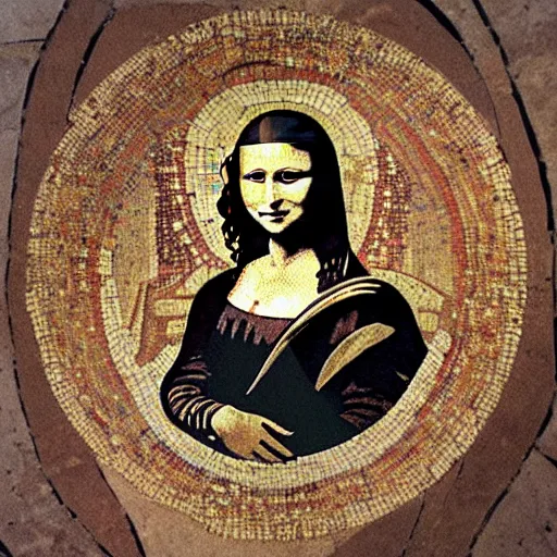 Prompt: a beautiful roman mosaic of the mona lisa painted on the floor of an early church, 1 0 0 ad, rome