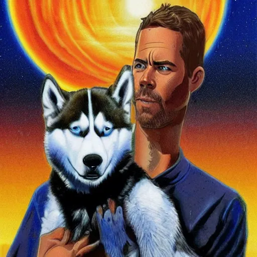 Image similar to Paul Walker with a husky, in the style of Jean Giraud in the style of Ralph McQuarrie