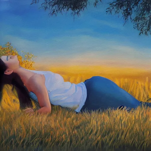 Prompt: a realistic painting of a woman lying on the grass outside of her house, staring up at the starts, it is dusk, warm light coming from the windows