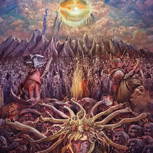 Prompt: desert festival called the sacrifice that occurs every ten years, during this event all members of society must make sacrifices on a large altar, fantasy art illustration, highly detailed and intricate