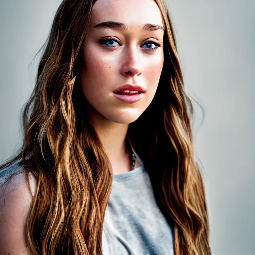 Image similar to a portrait of alycia debnam carey closed mouth-smile while posing for photo, award winning photograph, HDR, natural lighting, shot on nikon z9, depth of field, f/1.8,