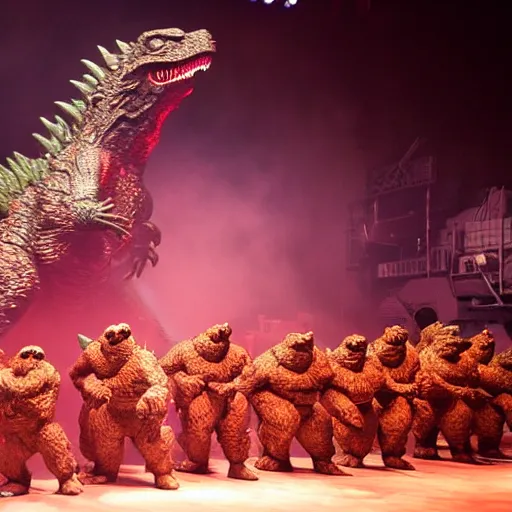 Image similar to army of godzilla on stage