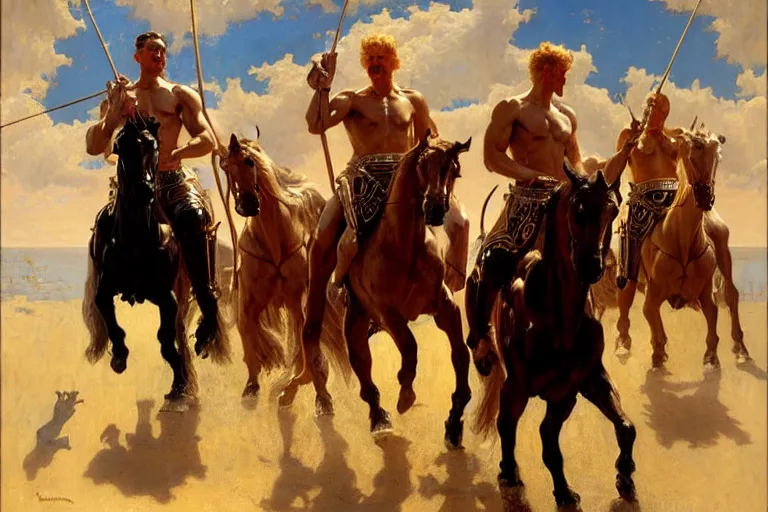 Prompt: the four horsemen of the apocalypse, painting by tom of finland, gaston bussiere, craig mullins, j. c. leyendecker