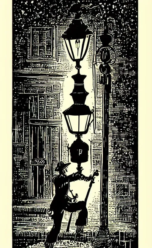 Image similar to black paper tarot card a lamplighter turning on a lamppost on a street, latticework in the style of vintage detailed illustration designed by marc simonetti and mike mignola black light style intricate ink illustration