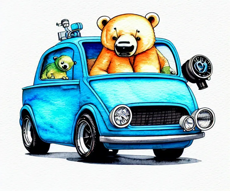 Prompt: cute and funny, polar bear driving a tiny black hot rod with an oversized engine, ratfink style by ed roth, centered award winning watercolor pen illustration, isometric illustration by chihiro iwasaki, edited by craola, tiny details by artgerm and watercolor girl, symmetrically isometrically centered
