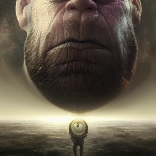 Image similar to michal karcz surrealism painting of Thanos as an all seeing God. His eyes are watching everything. , horror theme, detailed, elegant, intricate, 4k,