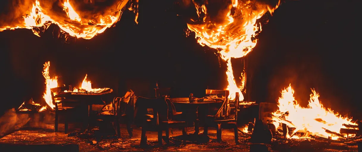 Image similar to a studio photograph (flash on) of a big fire on a dining room on fire, an human-like relaxed dog sitting on a wooden chair at a table (no fire at all there), lights on, ☕ on the table, surrounded by flames, a lot of flames behind the dog, black smoke instead of the ceiling, no watermark