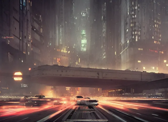 Prompt: a beautiful cinematic photograph of a retro - futuristic highway in a brutalist downtown city by greg rutkowski and mark romanek and christopher nolan, sci - fi