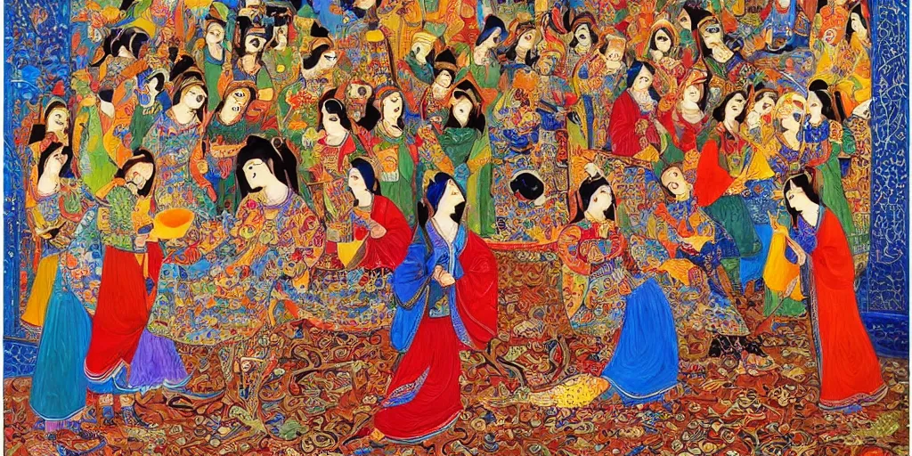 Image similar to persian folklore painting, modern, hd, clear, sharp focus, highly detailed