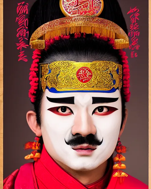 Image similar to photo of a Dramatic Peking Opera male character with hindi Sanskrit devanagari words painted on face in the style of stefan kostic, realistic, sharp focus, symmetric, 8k high definition, insanely detailed, intricate, elegant, art by stanley lau and artgerm, hindi manuscript, hindi font, William-Adolphe Bouguereau