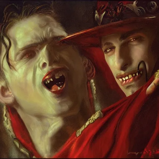 Image similar to attractive male, arthur pendragon confesses his love to attractive male dracula the vampire. highly detailed painting by gaston bussiere, craig mullins, j. c. leyendecker 8 k