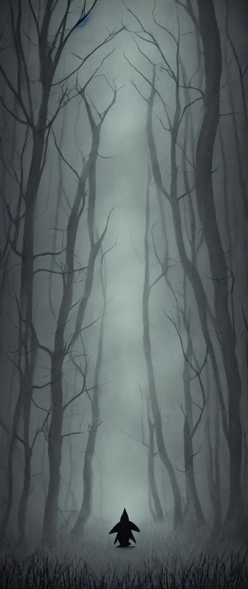 Image similar to pikachu as slenderman, eerie fog, willowed trees, scary atmosphere