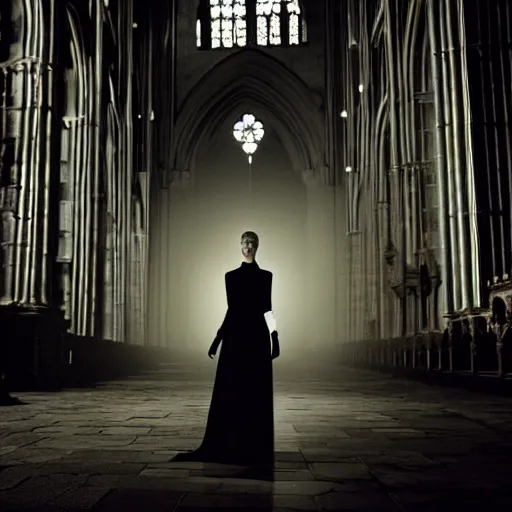 Prompt: intense medium shot of rosamund pike as a vampire in a gothic cathedral at night, gloomy, cinematic, ground mist, volumetric light.