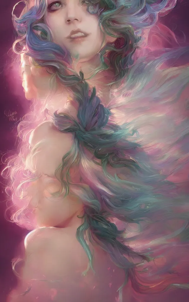 Prompt: a colorful and provenance illustrations painting of the fantasy female who with floral wing, highly detailed, her hair made of hair made of air wind and curling smoke, mist, dust, genie, spirit fantasy concept art, art by charlie bowater and greg rutkowski, trending on artstation.