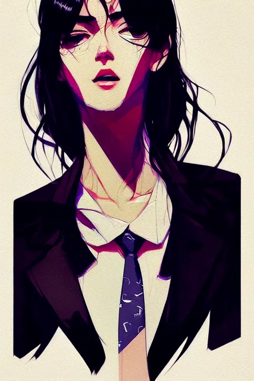 Image similar to a ultradetailed beautiful panting of a stylish woman wearing a shirt with a tie, she has black hair, by conrad roset, greg rutkowski and makoto shinkai, trending on artstation