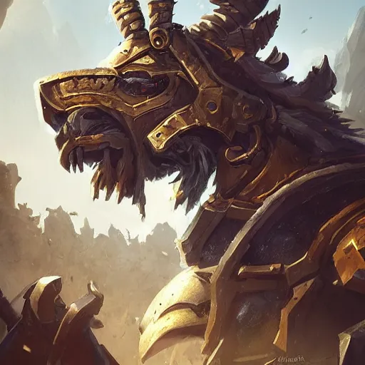 Image similar to heavy armored knight with the head of a lion, epic fantasy style, in the style of Greg Rutkowski, hearthstone artwork