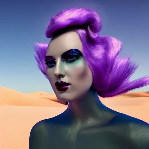 Image similar to woman wearing purple theme, avant-garde art, deco fashion, highly detailed, photorealistic portrait, serene desert setting, golden hour, crisp quality and light reflections, unreal engine 5 quality render