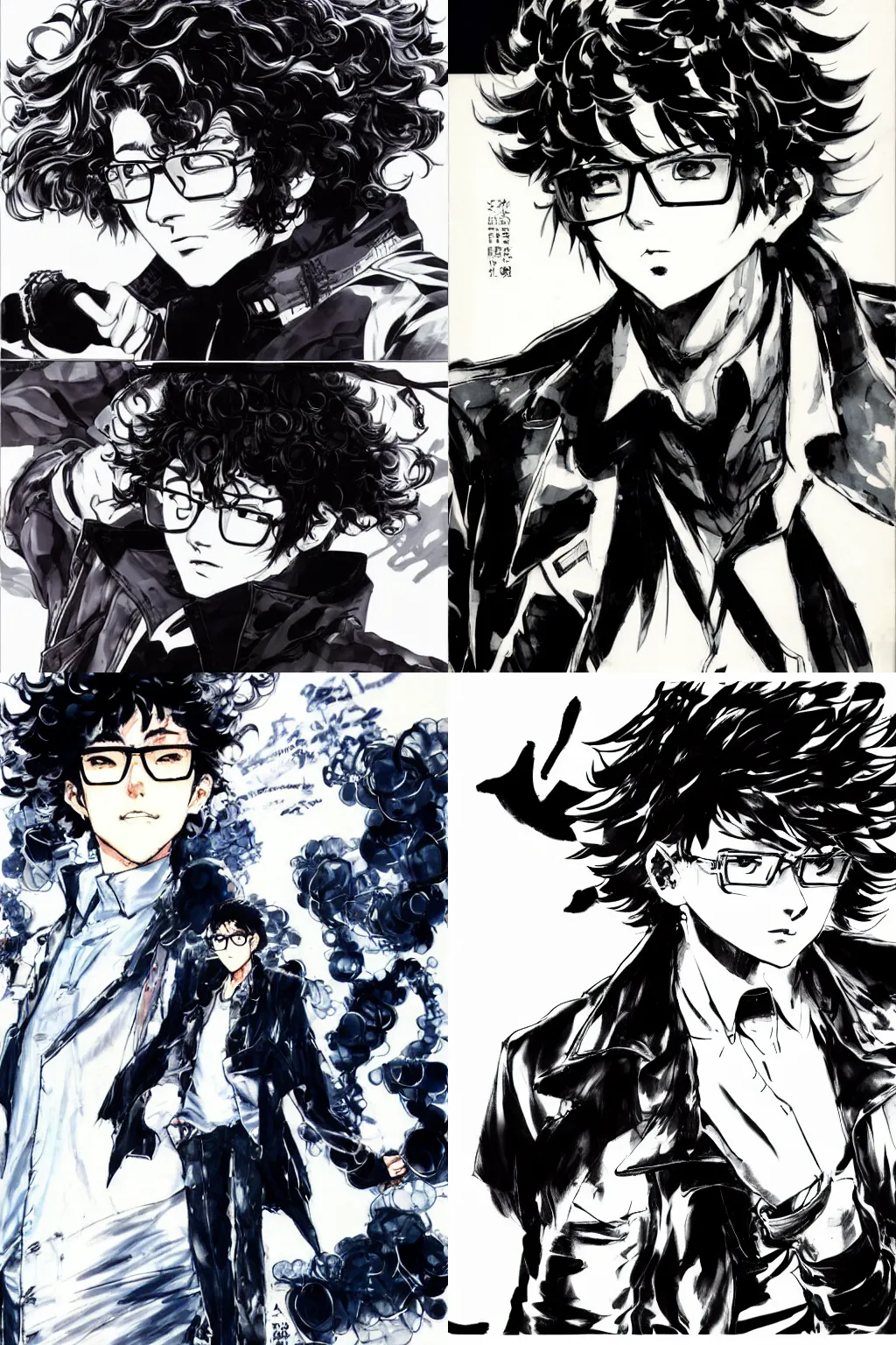 Prompt: black-haired teenager with short curly hair, wearing glasses and a white shirt with a black jacket, he is chipper and excited. curly hair drawn by Yoji Shinkawa. character design