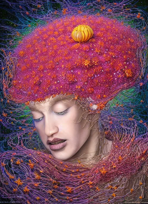 Image similar to hyper detailed 3d render like a Oil painting - Aurora (Singer) Eats of the Strangling Fruit and Her gossamer polyp blossoms bring iridescent fungal flowers whose spores black the foolish stars by Jacek Yerka, Mariusz Lewandowski, Houdini algorithmic generative render, Abstract brush strokes, Masterpiece, Edward Hopper and James Gilleard, Zdzislaw Beksinski, Mark Ryden, Wolfgang Lettl, hints of Yayoi Kasuma, octane render, 8k