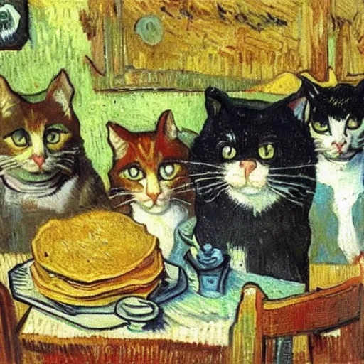 Prompt: cats making pancakes, oil painting, by vincent van gogh