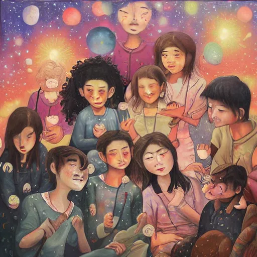 Image similar to A beautiful painting of a group of people gathered around a fire. They are all looking up at the night sky, where a bright star is shining beige by Hikari Shimoda eclectic