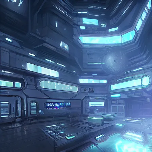 Image similar to Hyperrealistic futuristic lovecraftian, eldritch, cyberpunk space station