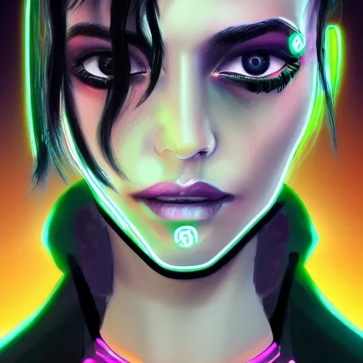 Image similar to headshot artwork of cyberpunk woman wearing thick black choker, collar on neck, realistic, artstation, neon,