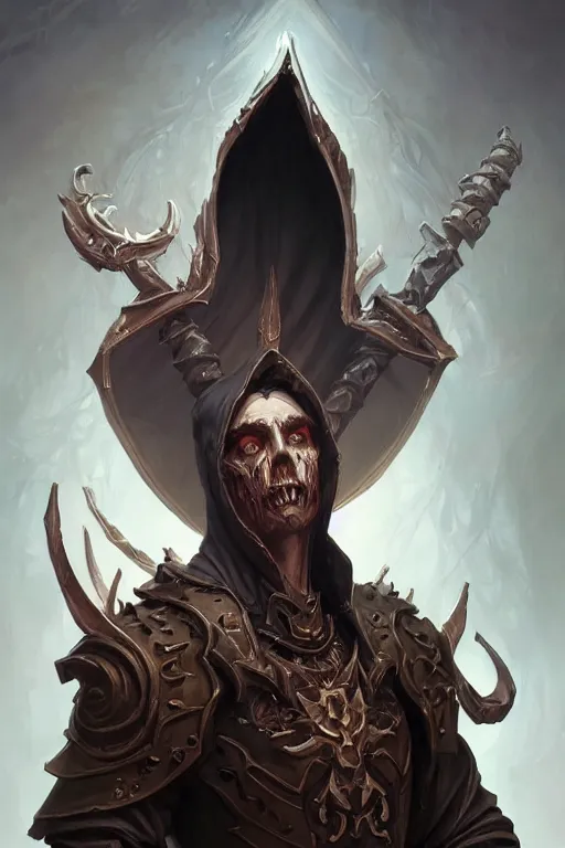 Image similar to male necromancer, full body shot, hood, d & d, fantasy, horror intricate, elegant, highly detailed, digital painting, artstation, concept art, matte, sharp focus, illustration, hearthstone, art by artgerm and greg rutkowski and alphonse mucha