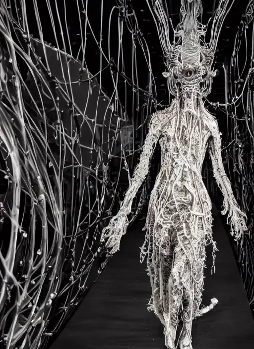 Image similar to walking down the catwalk, ben watts, show, stage, vogue photo, podium, fashion show photo, historical baroque dress dark, iris van herpen, beautiful woman, masterpiece, intricate, biopunk, vogue, full body shot, alien, plant predator, guyver, wires, veins, jellyfish, white biomechanical details, highly detailed