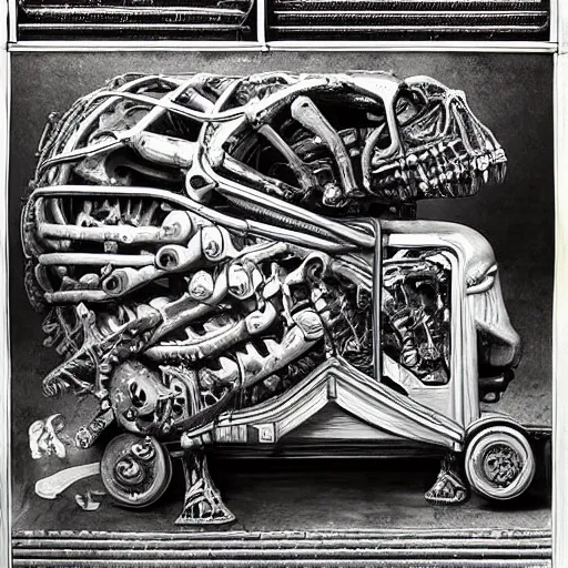 Image similar to boxcar made of human meat and bone, biomechanical railroad, highly detailed, War Photography, Pushead art, by H.R. Giger