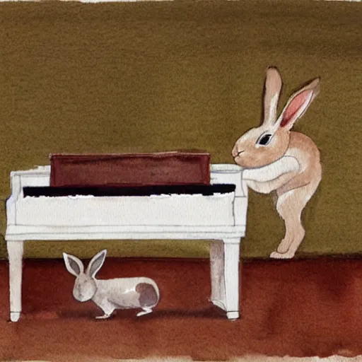 Prompt: a rabbit playing on a white grand piano inside a concert hall, realistic watercolour