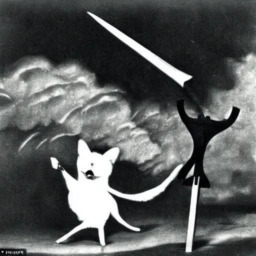 Image similar to anthropomorphic fox multi-jointed puppet who is a medieval knight holding a sword towards a stormy thundercloud, 1930s film still