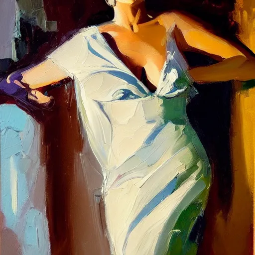 Prompt: an oil on canvas painting of a beautiful feminine woman from the 60's, leaning against the wall, living room, figurative art, studio portrait, detailed, deviantart, cgsociety, chiaroscuro, acrylic art, by Elmer Bischoff, by Michael Garmash